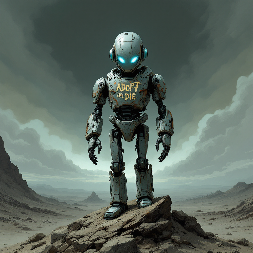 A futuristic robot stands on a rocky outcrop in a desolate landscape, featuring the phrase Adapt or Die emblazoned on its chest against a dramatic sky.