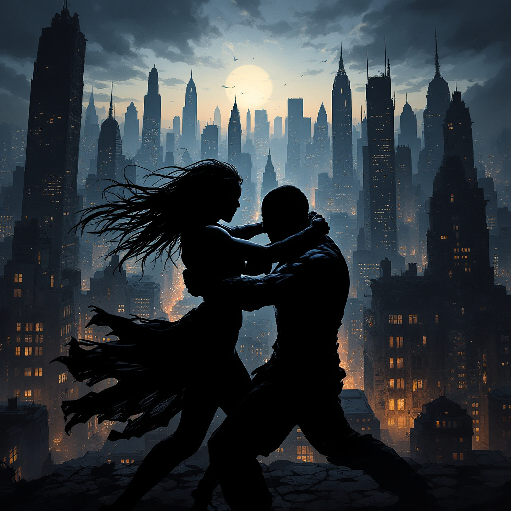 A silhouetted couple embraces amidst a dramatic skyline at dusk, symbolizing personal battles and societal struggles, reflecting the quote about bodies as battlegrounds and stories.