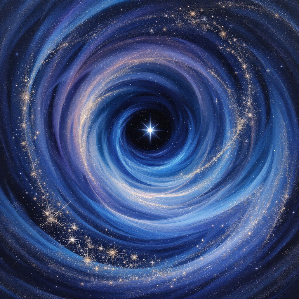 A swirling blue vortex with golden stars and a central glimmering light evokes a sense of mystery and spirituality, reflecting the quote, You better not never tell nobody but God.