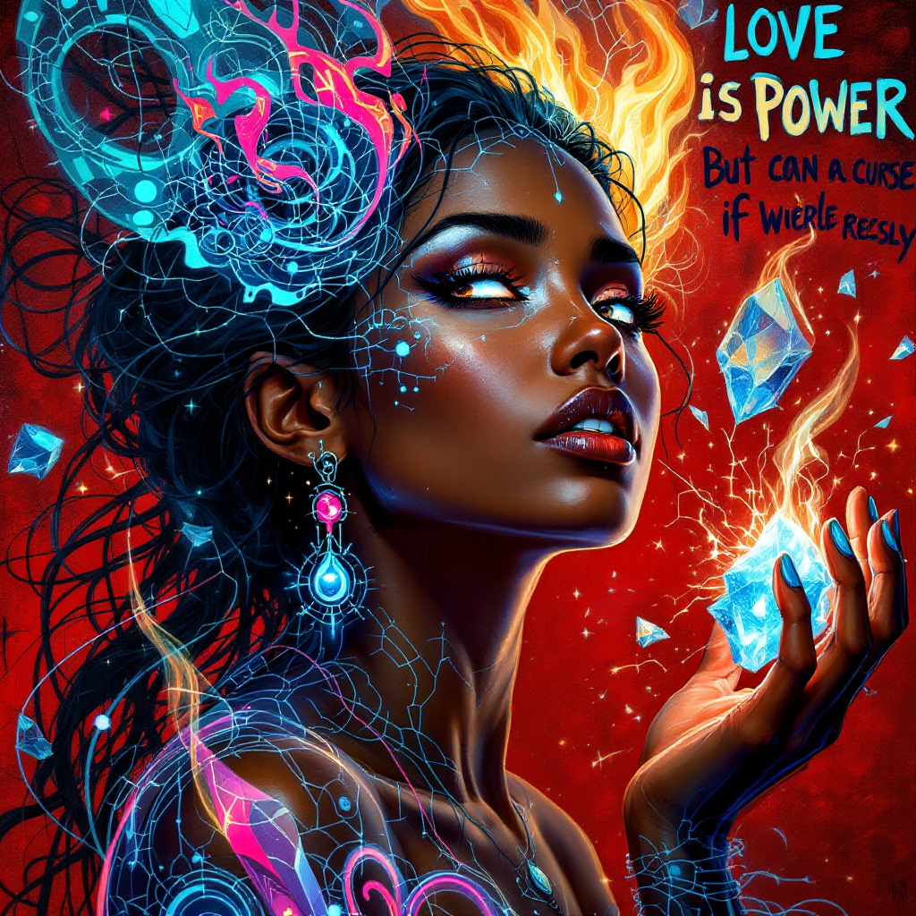 A striking portrait of a woman with flowing hair, surrounded by vibrant colors and glowing elements, capturing the essence of the quote, “Love is power, but it can also be a curse if wielded recklessly.”