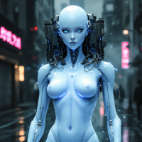 A futuristic, humanoid robot with a sleek, shiny body stands in a neon-lit city, embodying the strength of resilience and the idea that true fragility lies only in the physical form.