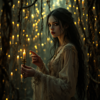 A woman in a flowing dress stands in a dimly lit forest, holding a candle amidst glowing lights. Her expression conveys a sense of entrapment and fear, reflecting the quote about fear as a prison.