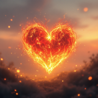 A glowing heart of fire, surrounded by a misty landscape, embodies the dual nature of love and pain, reflecting the sentiments of the quote about the heart's fiery essence.