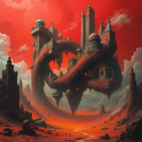 A surreal landscape features twisted castles intertwined with a vibrant red sky, illustrating the complexities beyond traditional notions of reality.