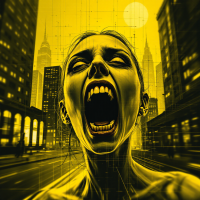 A distorted, anguished figure screams against a backdrop of towering city buildings, enveloped in a striking yellow hue, embodying the struggle between intelligence and the pain of existence.