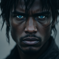 A close-up portrait of a determined person with striking blue eyes and dark hair, embodying the essence of courage amidst fear. The intensity of their gaze reflects strength and resolve.