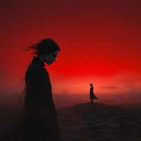 A misty landscape with two silhouettes against a dramatic red sunset. One figure stands close, while the other gazes into the distance, evoking themes of memory and loss.