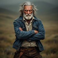 An intense old man with long silver hair and a beard stands confidently with arms crossed, surrounded by a misty, rugged landscape, embodying resilience and determination.