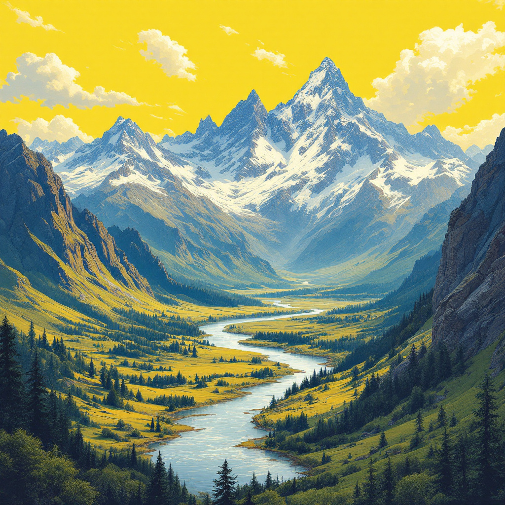 A vibrant mountainous landscape under a golden sky, featuring a winding river below, illustrating the quote about decisions made with the detachment of mountains observing shifting rivers.