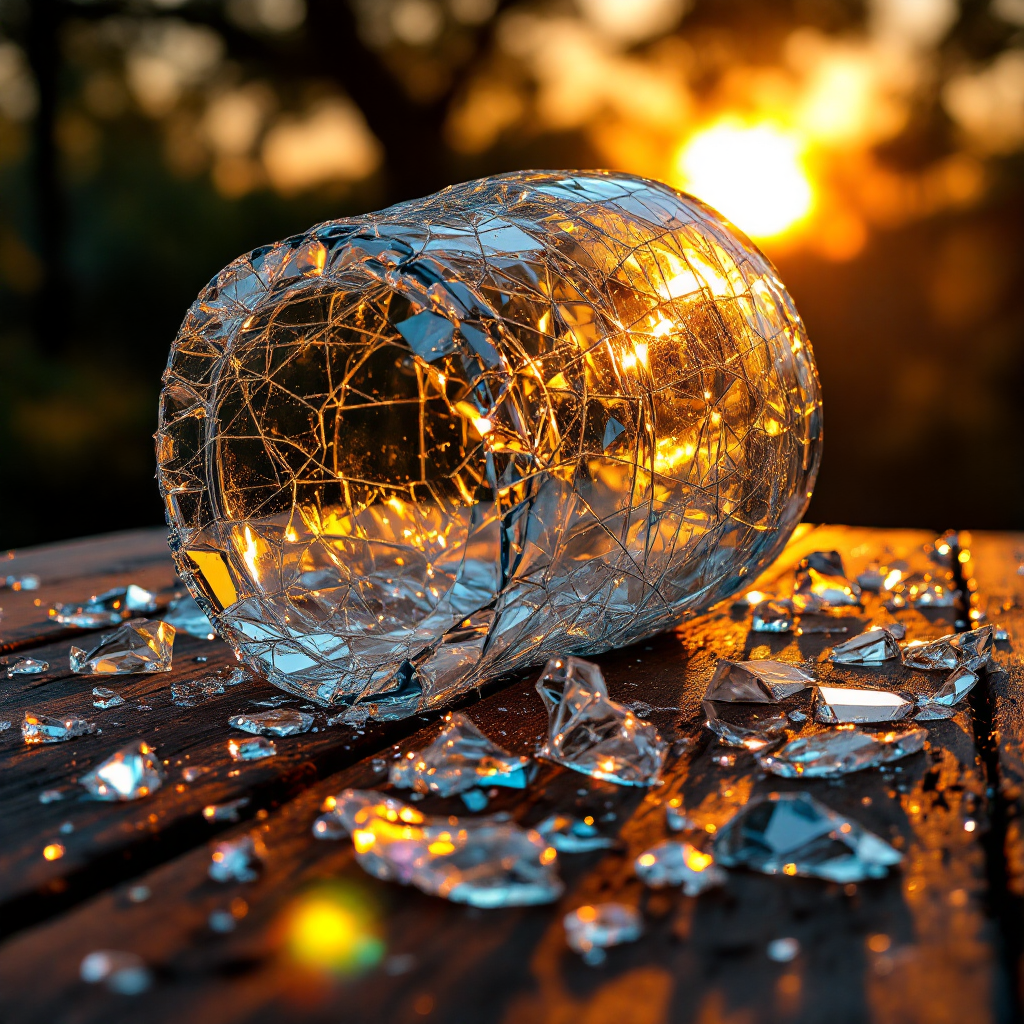 A shattered glass jar spills shards onto a wooden table, illuminated by a warm sunset, embodying the beauty in brokenness and the significance of creation.