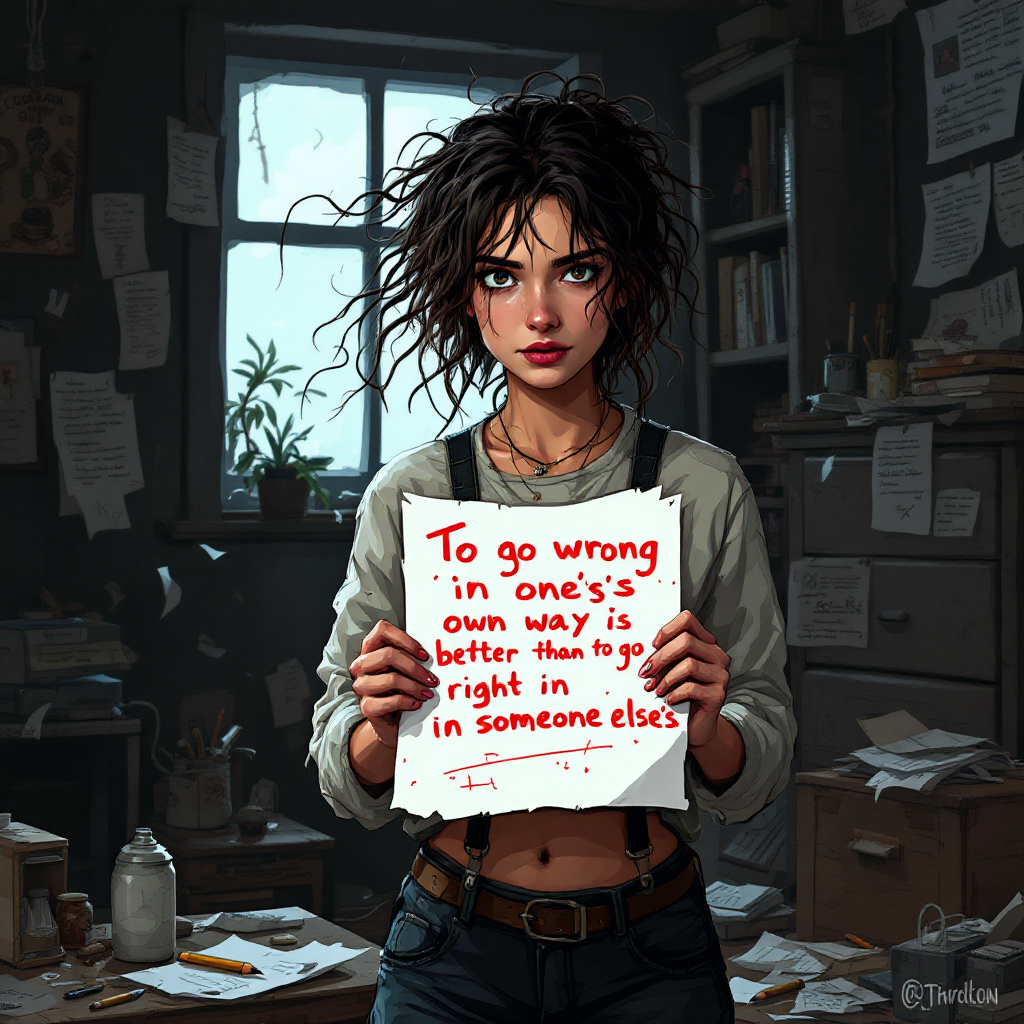 A determined young woman stands in a cluttered room, holding a paper with the quote: To go wrong in one's own way is better than to go right in someone else's.