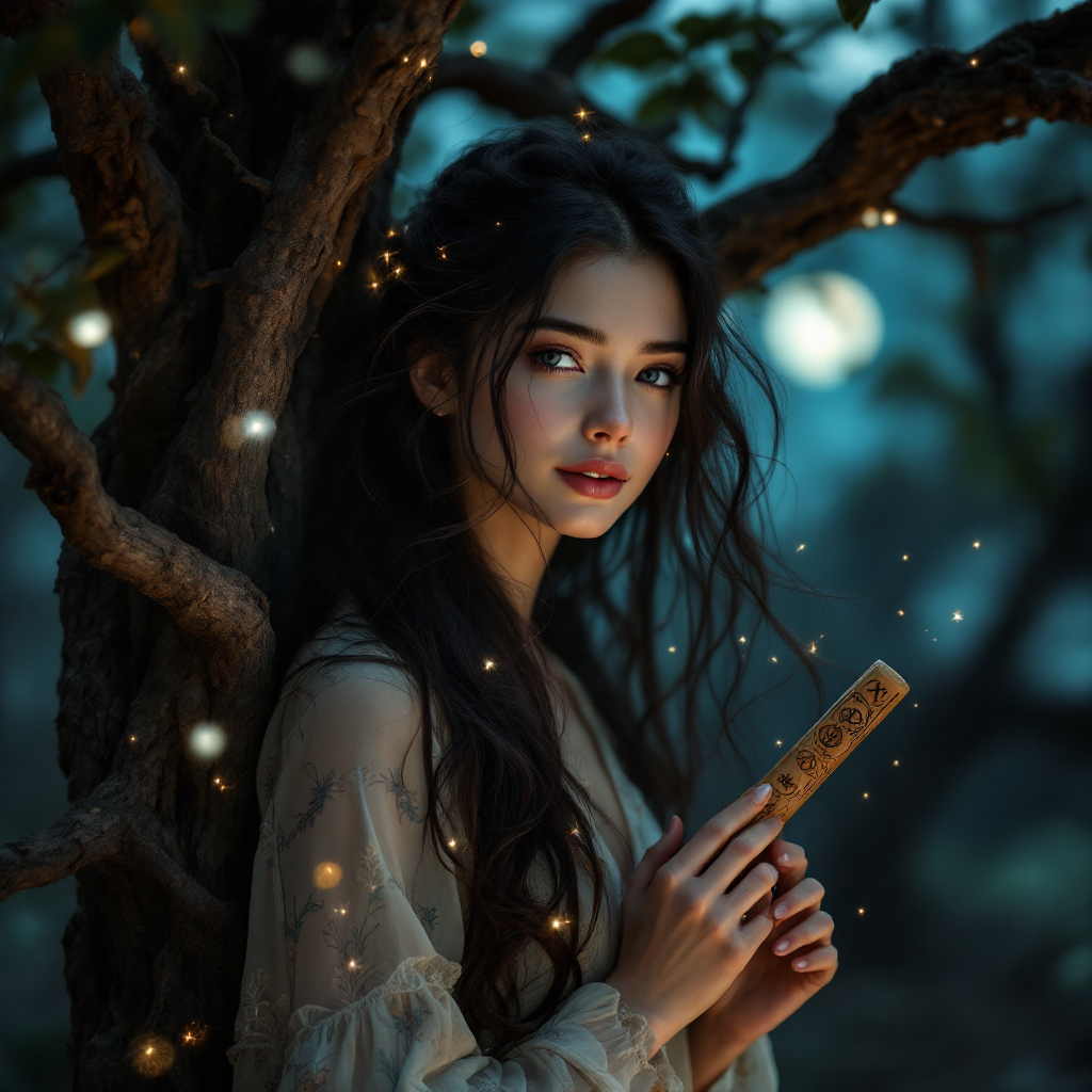 A young woman stands by a tree, holding a wooden stick, surrounded by glowing orbs. Her expression reflects contemplation, embodying the quote about the danger of an unlived life.