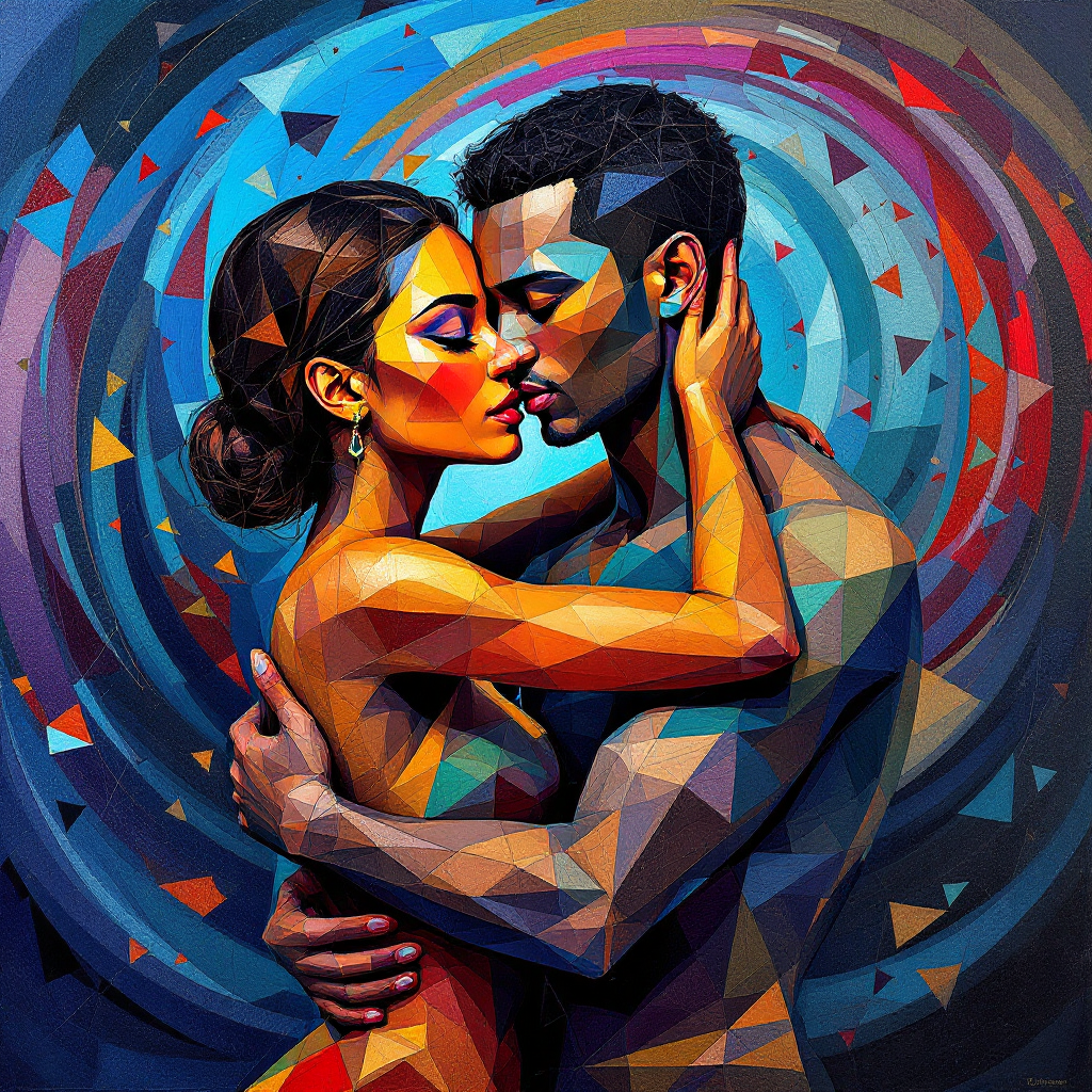 A vibrant, abstract portrayal of a couple embracing, surrounded by a swirling play of colors, reflecting the mystery of love as described in the quote.