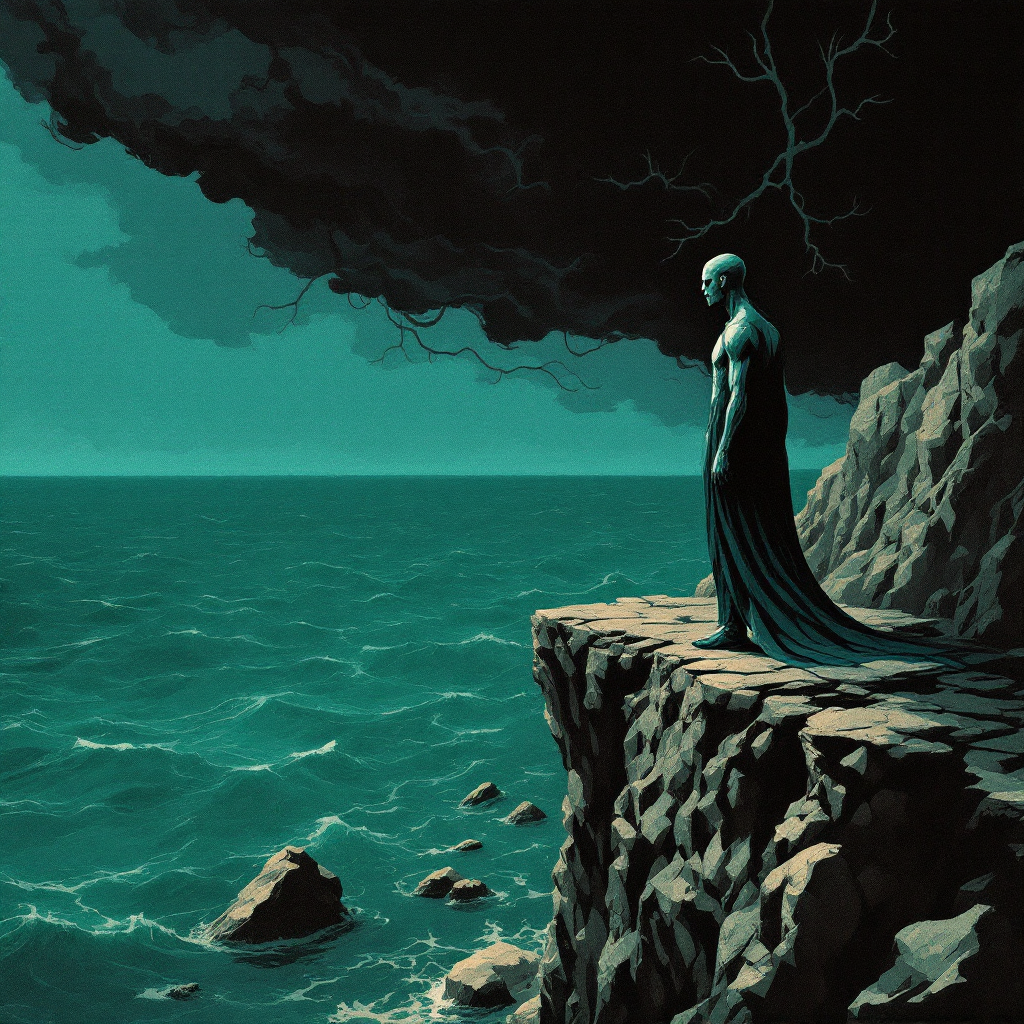 A solitary figure stands at the edge of a rocky cliff, facing a turbulent sea under a dark sky, embodying the idea that bravery is rooted in the presence of fear.