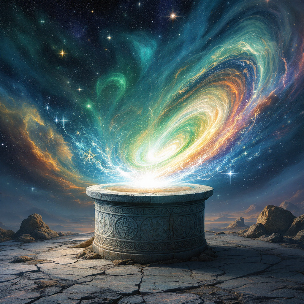 A crackling cosmic scene features a swirling galaxy bursting with vibrant colors above a stone well, symbolizing innovation as a transformative force in a historic universe.