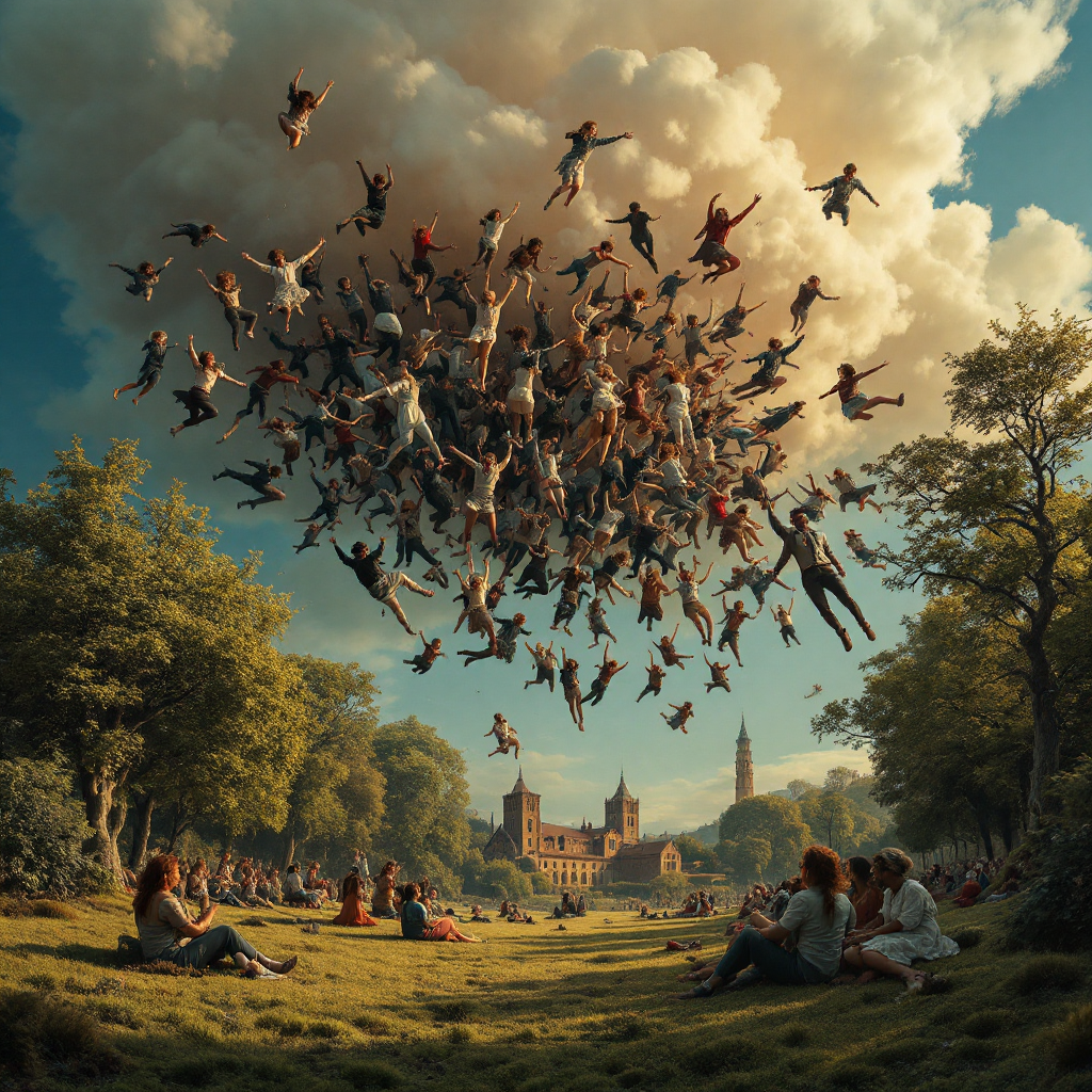 A large group of people falling from the sky above a park where others sit and watch, reflecting the idea that everybody falls and lands somewhere.
