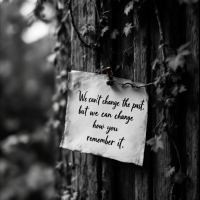 A weathered note hangs on a wooden post, surrounded by ivy. The handwritten quote reads, We can't change the past, but we can change how you remember it.