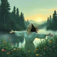 A woman stands with arms outstretched amidst vibrant flowers by a serene lake, bathed in the soft light of dawn, embodying the transformative power of bravery and change.