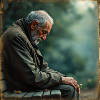 An elderly man sits quietly on a bench, gazing thoughtfully at the ground, embodying a serene acceptance of life and humility, reflecting on maturity over nobility.