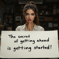 A young woman holds a sign that reads, The secret of getting ahead is getting started! She gazes confidently into the camera, set against a blurred indoor background.