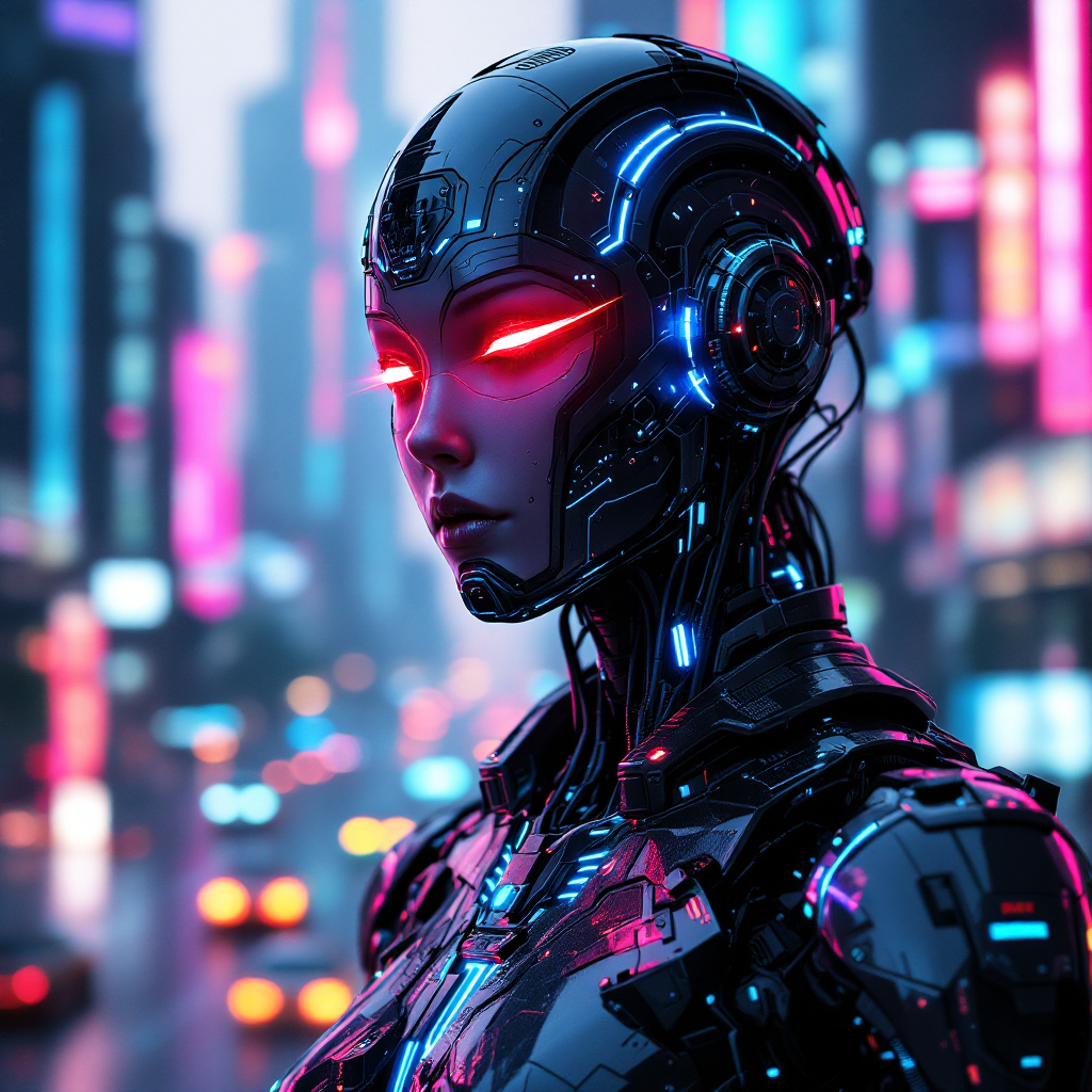 A futuristic humanoid figure with glowing red eyes stands in a neon-lit cityscape, embodying the essence of self-reinvention and technological transformation.