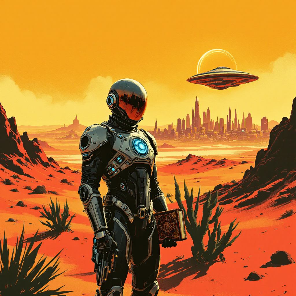 A futuristic figure in a space suit stands in a vibrant orange desert, holding a book, with a city skyline and a hovering UFO in the background, embodying the quote about being your own hero.