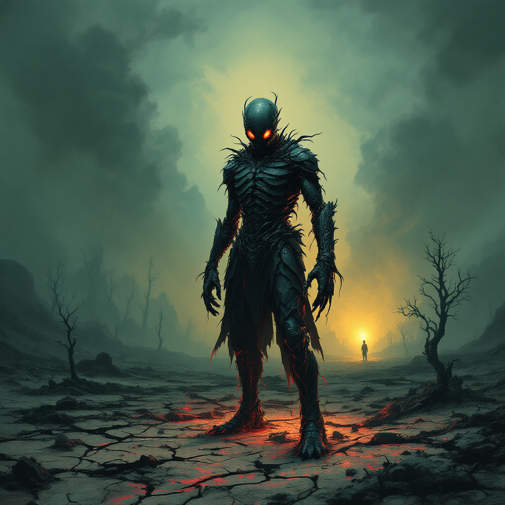 A shadowy, skeletal figure stands in a desolate landscape, embodying the inner turmoil of personal battles, as a distant figure approaches through the eerie, fog-laden environment.