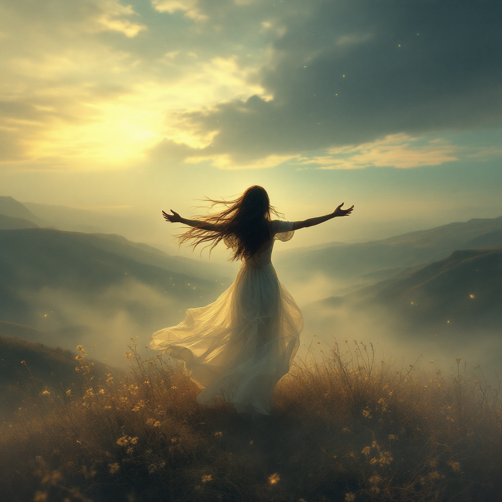 A woman in a flowing dress stands in a misty field, arms outstretched towards a radiant sunset, embodying the essence of crafting one's own life manual.