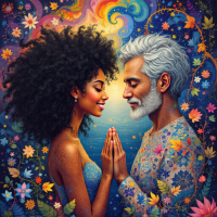 A colorful, dreamlike scene of a young woman and an older man with intricate hairstyles, gazing at each other with joined hands, embodying connection amidst swirling floral patterns.