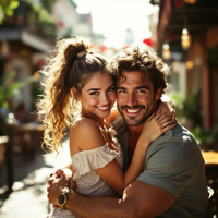 A joyful couple embraces in a vibrant outdoor setting, radiating happiness and love, capturing the essence of feeling alive together.
