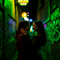 Two women embrace affectionately in a vibrant alley, illuminated by colorful neon lights and graffiti, embodying the warmth of friendship in a dark setting.