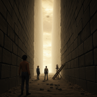 A vast, sheer wall towers over four figures standing in a narrow passage, with light illuminating the distant top, evoking the overwhelming nature of imagination's limitations.