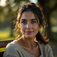 Portrait of a woman with gentle creases near her eyes and mouth, softly lit by golden-hour sunlight, reflecting the passage of time and quiet resilience.