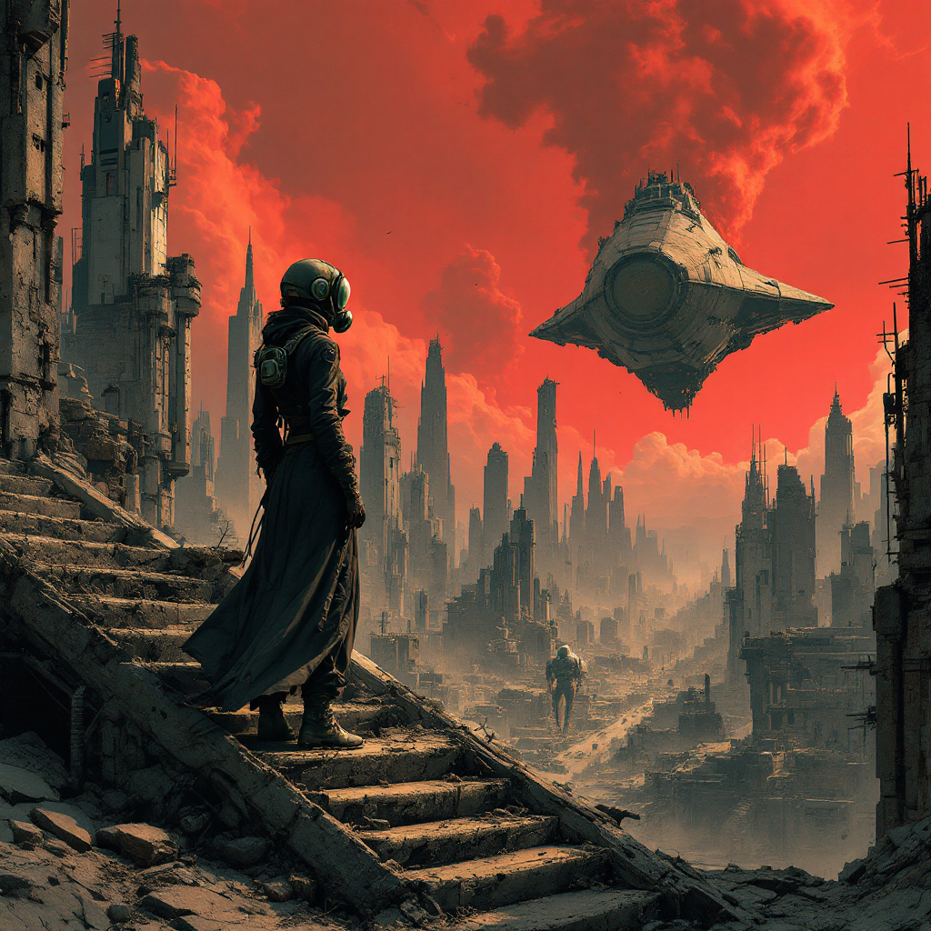 A figure in a gas mask stands on crumbling stairs, silhouetted against a fiery red sky and towering ruins, as a mysterious flying object hovers above, evoking themes of past remnants and cycles.