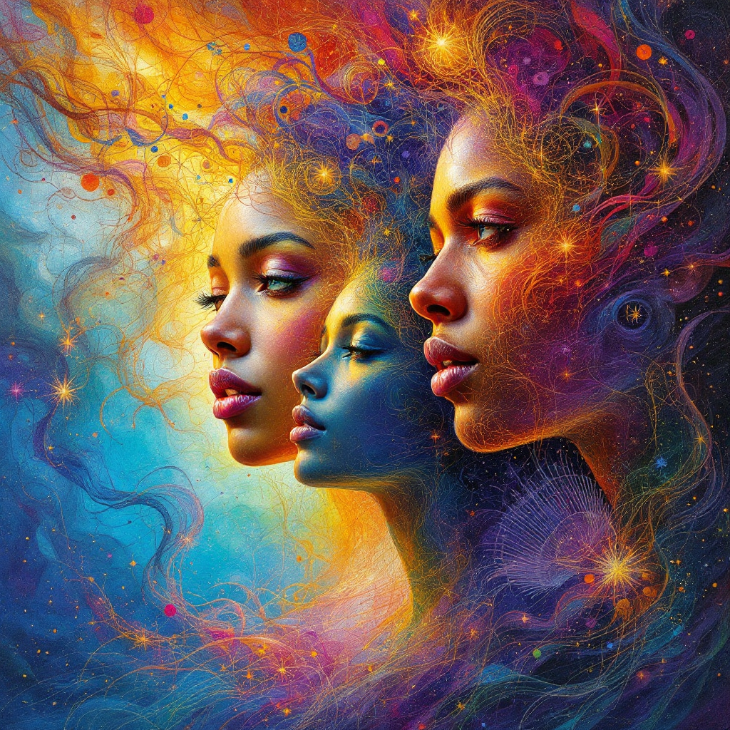 A vivid illustration featuring three profiles of women, their vibrant hair swirling into cosmic colors, symbolizing joy, pain, and resilience woven through their stories.