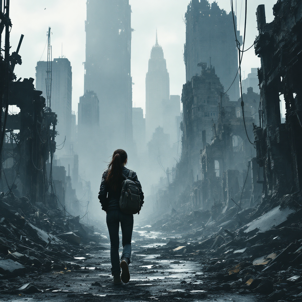 A lone figure walks through a desolate cityscape, surrounded by crumbling buildings and mist, symbolizing the journey to find one's way amidst chaos.