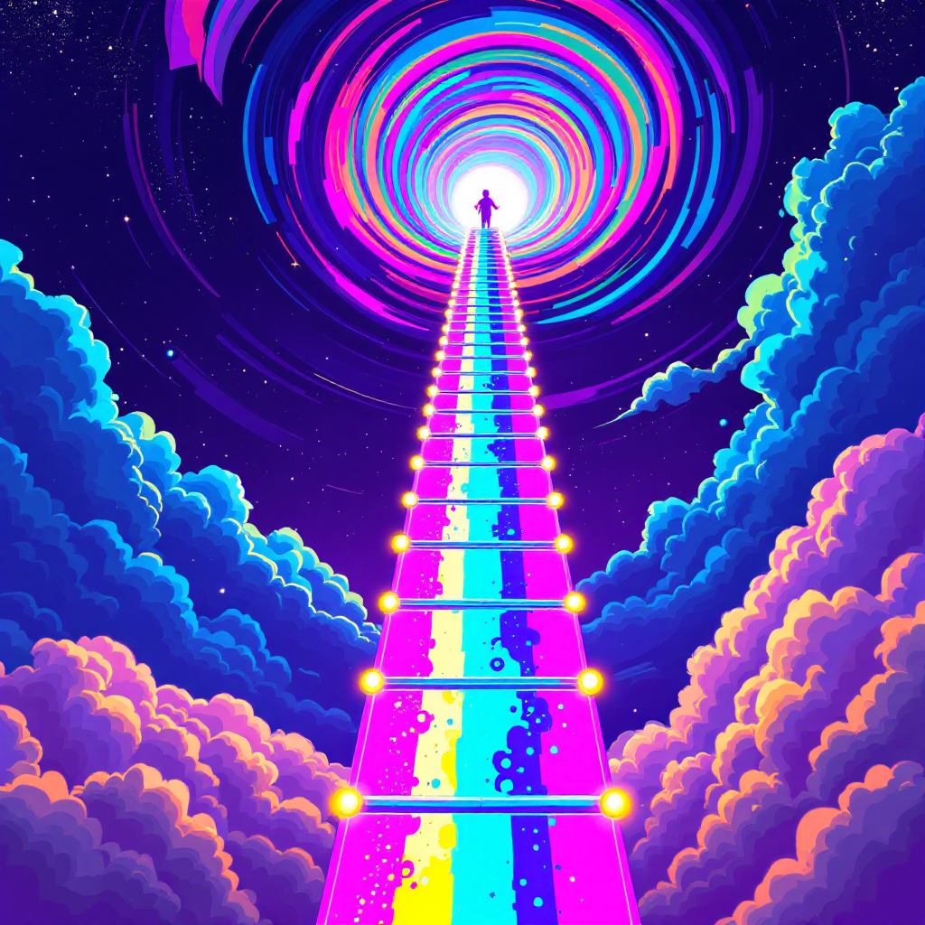 A vibrant, swirling cosmic scene depicts a luminous ladder ascending through colorful clouds toward a bright vortex, embodying the quote, Chaos isn't a pit. Chaos is a ladder.