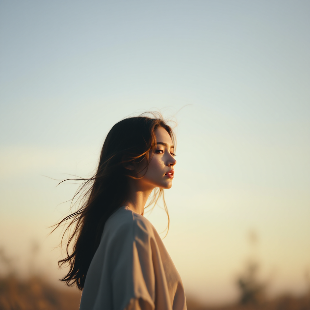 A thoughtful young woman stands in profile against a sunset, her hair gently flowing in the breeze, embodying the introspective sentiment of knowing one's inherent goodness.