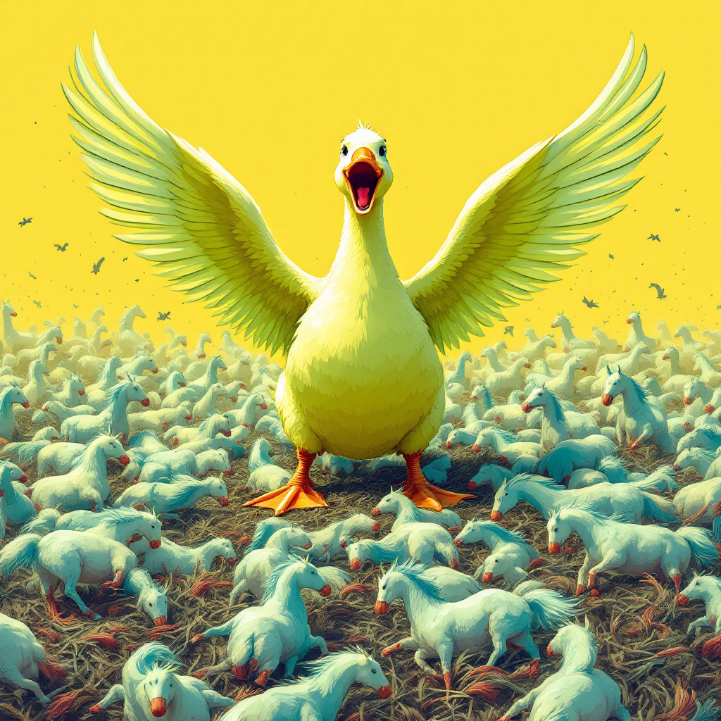 A bold yellow duck spreads its wings, defiantly standing among a crowd of white chickens, embodying the spirit of the quote about inner strength over size.