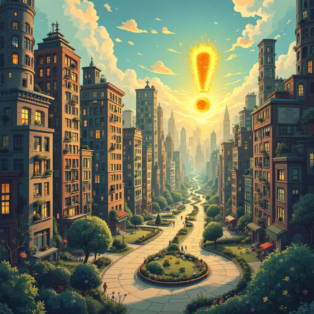 A vibrant cityscape bathed in golden sunlight features towering buildings and lush greenery, with a dramatic exclamation mark sun symbolizing layered meaning akin to a sentence's structure.