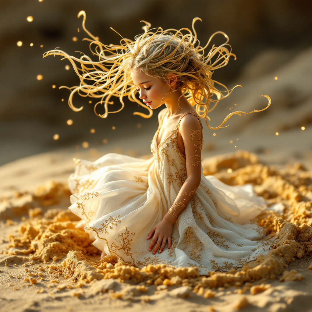 A young girl in a flowing white dress sits amidst golden sand, her hair swirling around her as golden sparkles dance in the air, embodying the essence of personal journey and transformation.