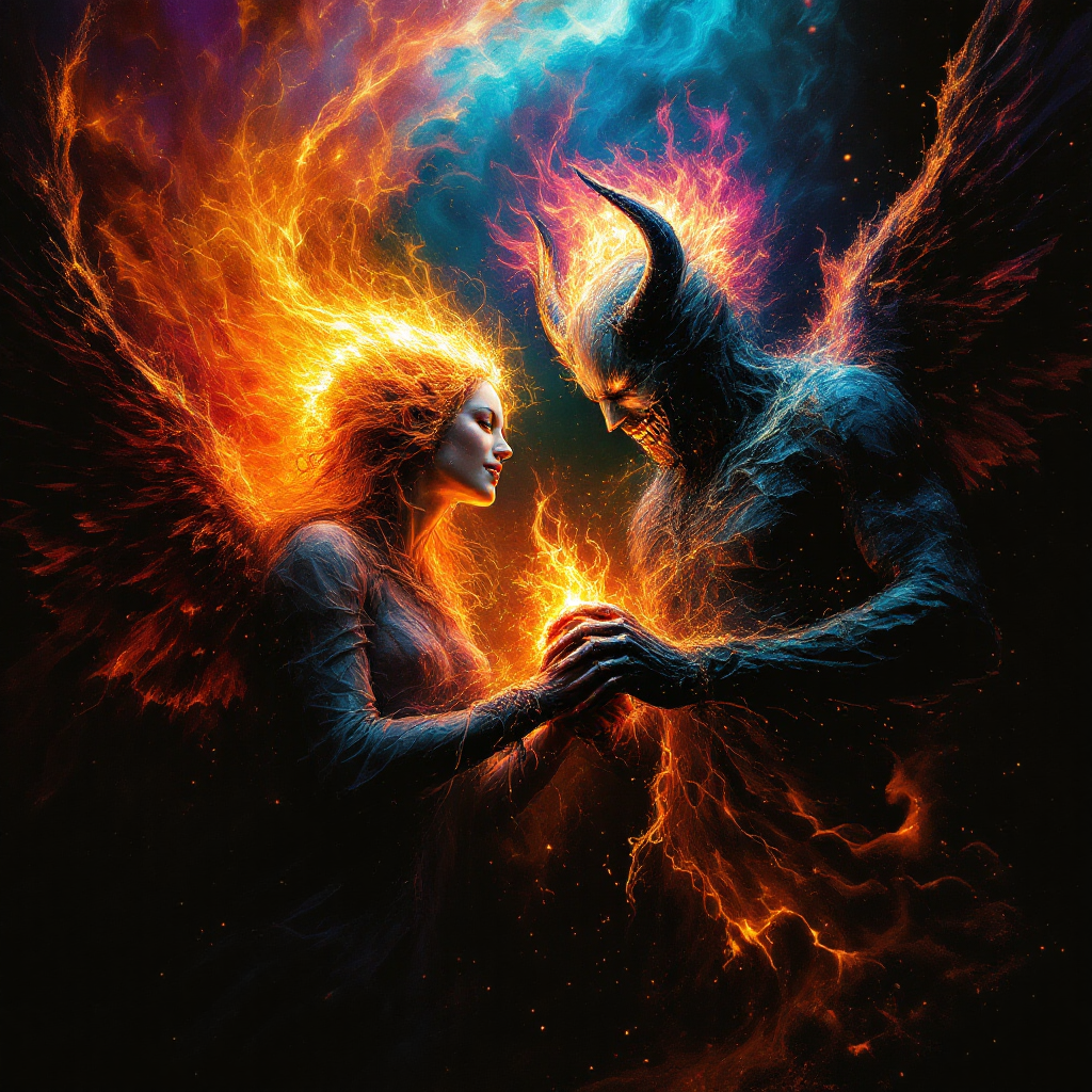 A fiery angel and a devil share an intense gaze, their hands almost touching, embodying the quote that angels and demons are not what they seem; it's the humans to fear.