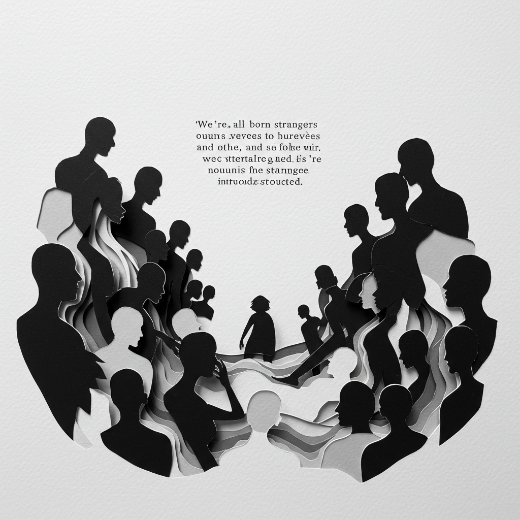 Silhouettes of diverse people facing each other in a circle, illustrating connection and distance, with the quote about being strangers to ourselves and each other at the center.