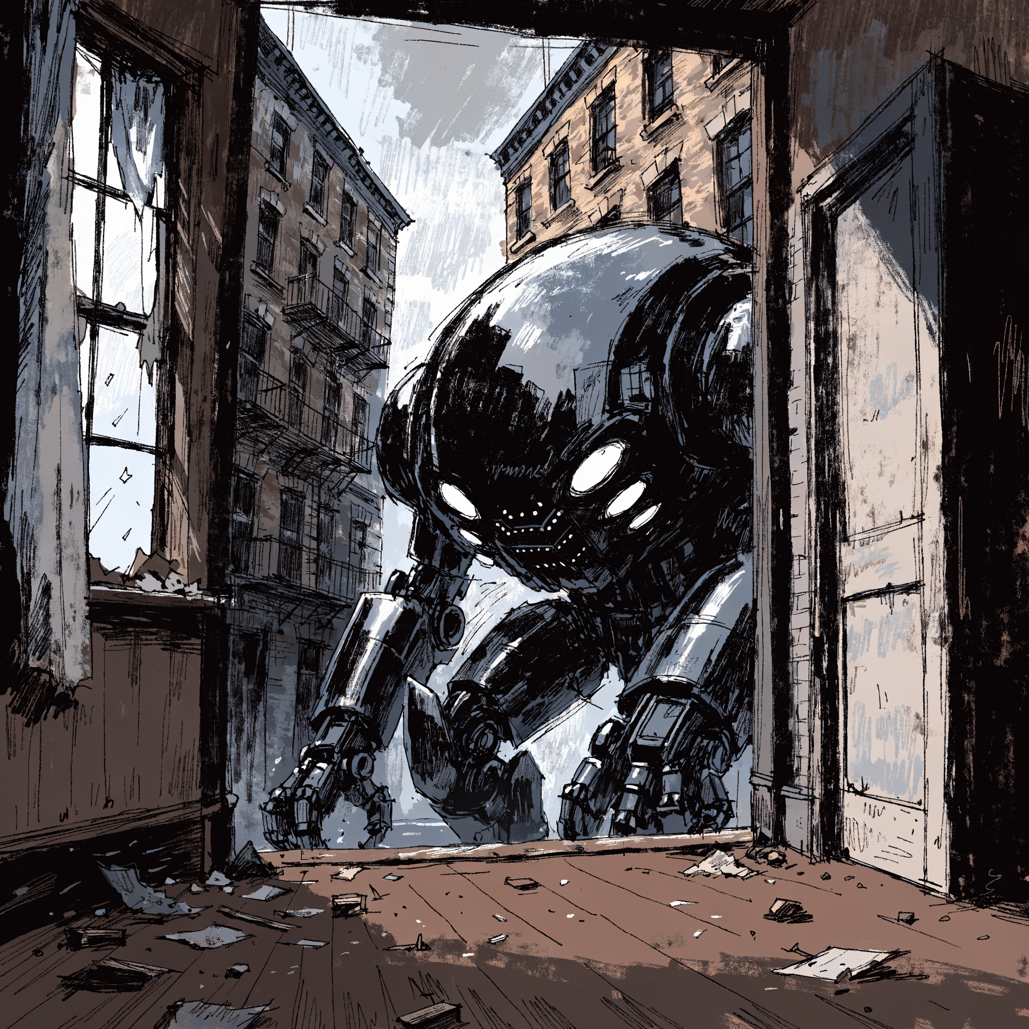 A massive gloss black armored mechanoid crouches in a narrow gap between buildings, its design resembling a walking, imposing limousine.