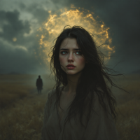 A young woman with long, messy hair stands in a field, looking worried as a shadowy figure approaches against a dramatic, stormy sky lit by a glowing halo. An atmosphere of tension and danger prevails.