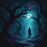 A shadowy figure stands in a dark, twisted forest illuminated by a glowing moon, embodying the quote: Darkness is not the absence of light, but the presence of fear.