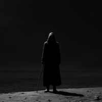 A silhouetted figure in a hooded cloak stands on a desolate shore, gazing out over dark waters, embodying the idea of choice in a vast, open landscape.