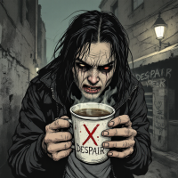 A distressed figure clutches a steaming mug labeled DESPAIR in a dark alley, embodying the bitter essence of the quote about despair's relentless grip.