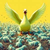 A bold yellow duck spreads its wings, defiantly standing among a crowd of white chickens, embodying the spirit of the quote about inner strength over size.