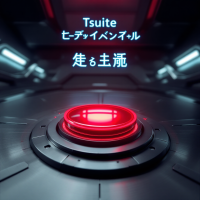 A close-up of a large red button on a futuristic panel, with glowing text above saying Tsuite and Please do not press this button again, evoking a sense of intrigue and caution.